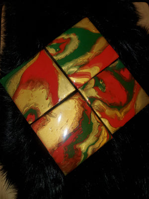 4.25" x 4.25" Tile Coaster Set - Abstract Red, Green & Gold